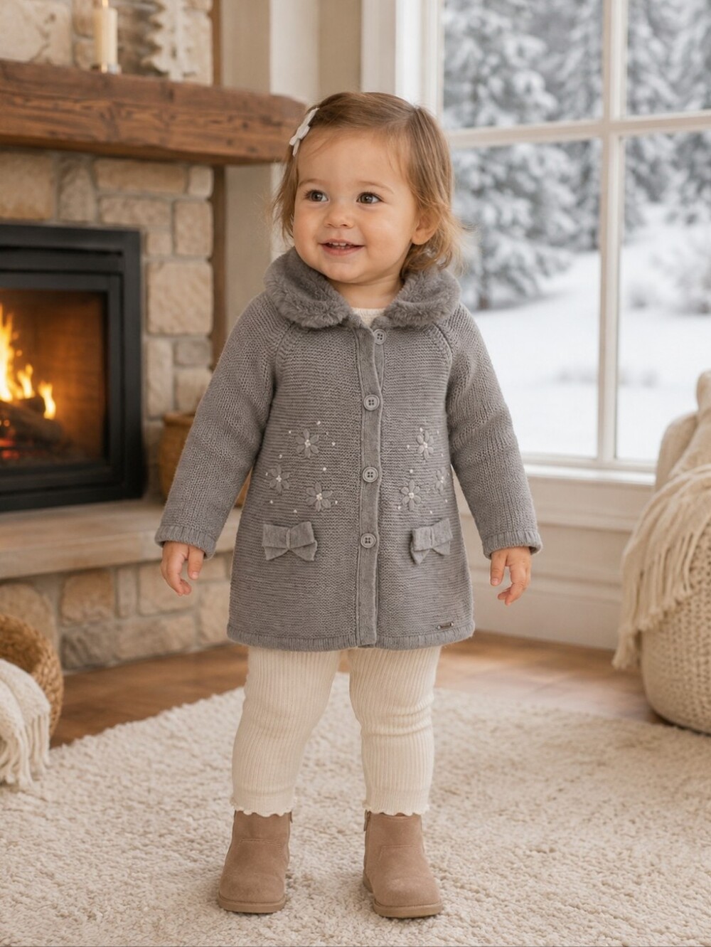 Mayoral Gray Knit Cardigan with faux fur